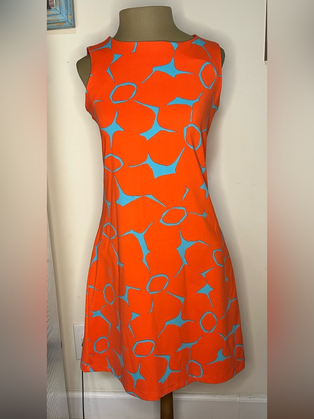 MAHI GOLD Orange Midi Dress with Aqua Abstract Print